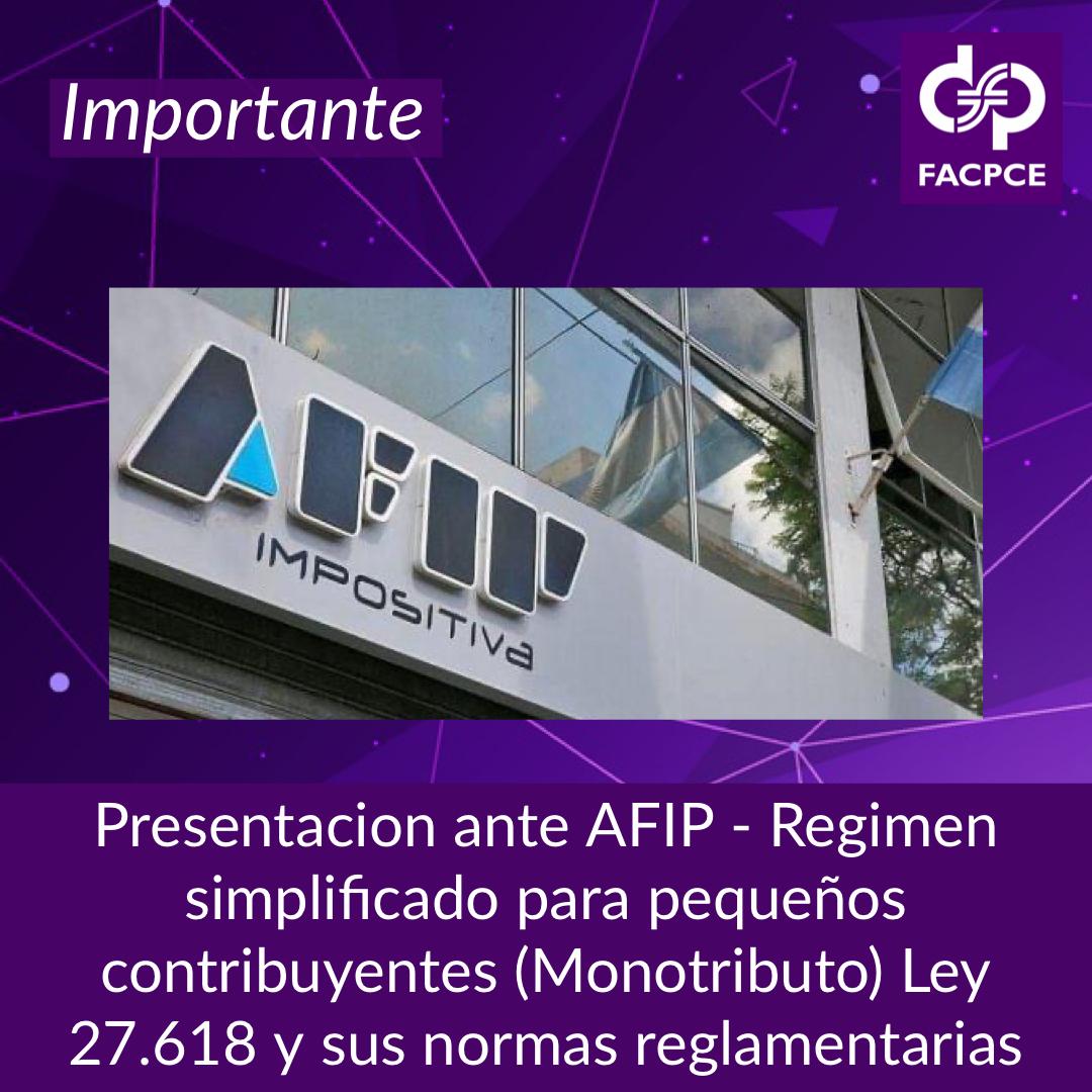 Presentación ante la AFIP – Régimen Simplificado para Pequeños Contribuyentes (Monotributo). Ley 27.618 y sus normas reglamentarias 